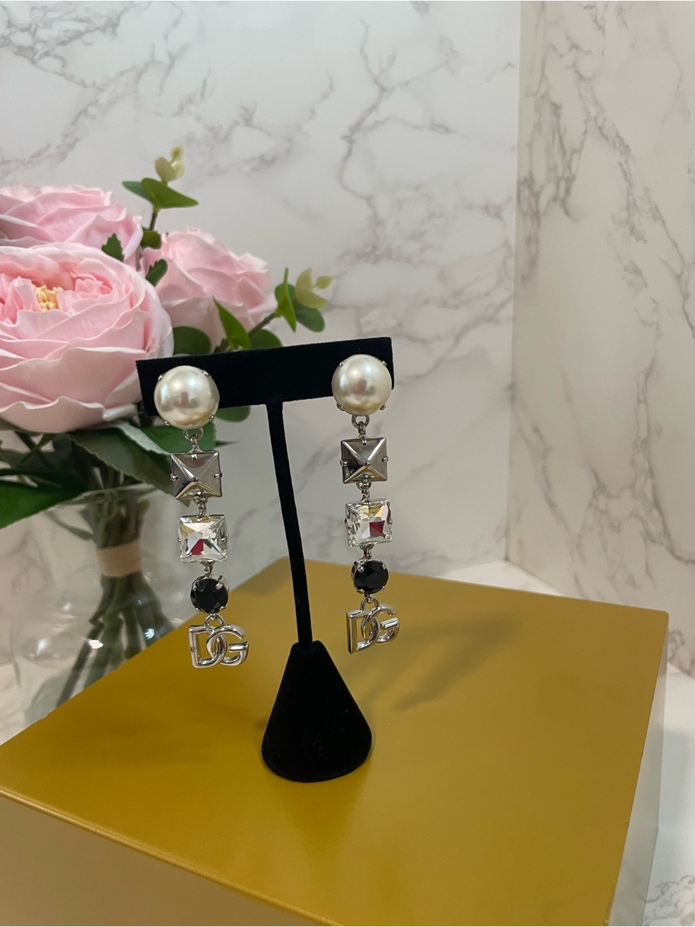 Dolce & Gabbana Palladium Geometric Drop Earrings • Pearl & Crystal • DG Logo